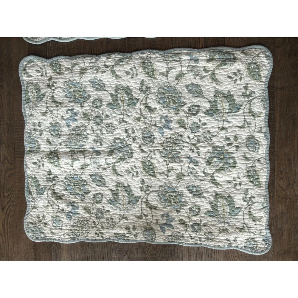 Home Classics Set of 2 Quilted Pillow Shams Floral Blue Green Cotton Standard